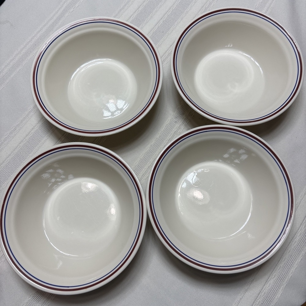 Vtg Corning Corelle Abundance 6 3/4" Cereal/Soup Bowls, Blue/Red Stripe Set of 5